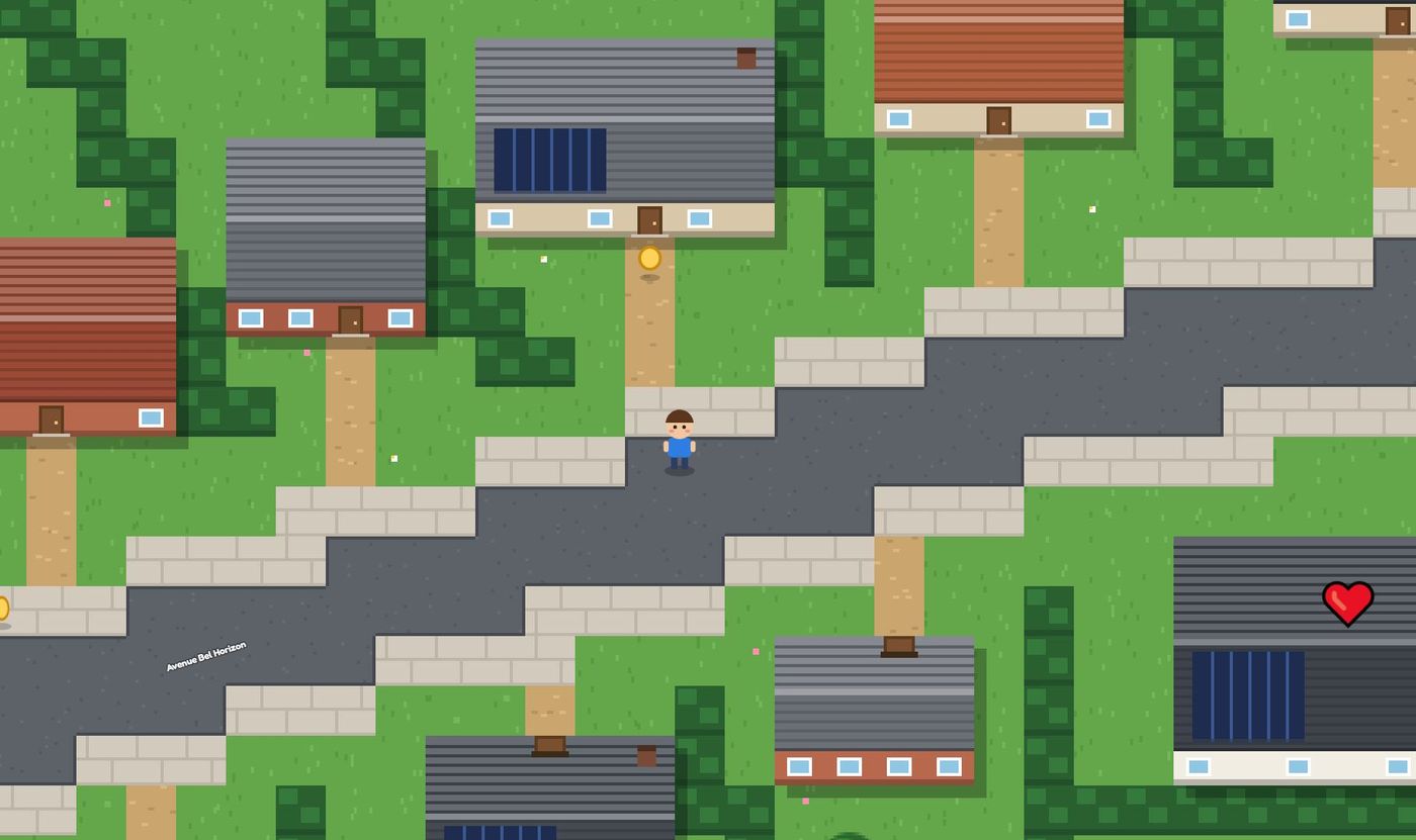 Les rues du quartier et les maisons des voisins en pixel art