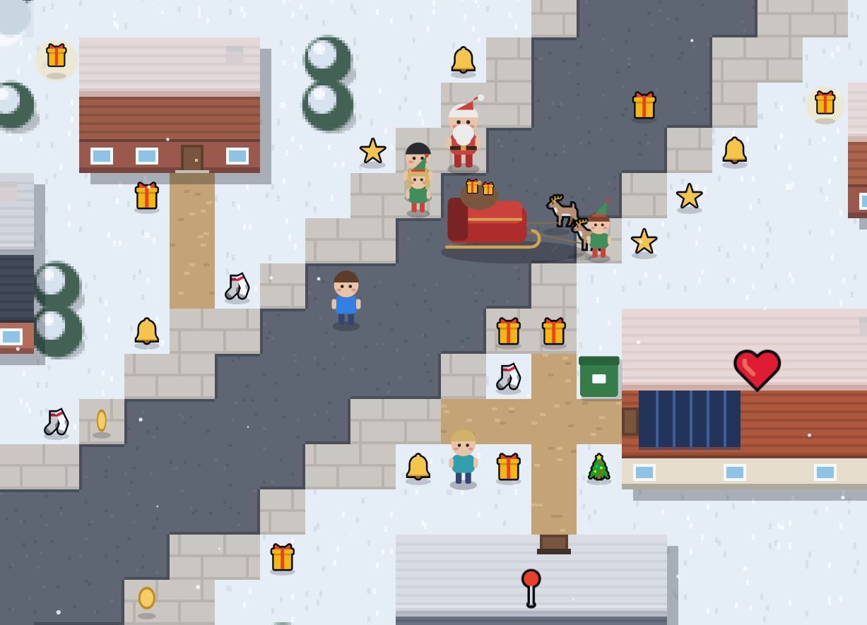 Le Père Noël, ses lutins et son traîneau dans la rue enneigée